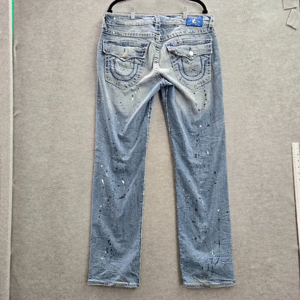 True Religion Men Jeans 30 Blue Denim‎ Paint Splatter RICKI Relaxed Straight